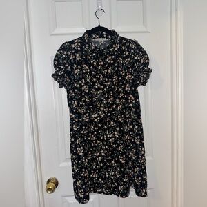 Black Puffy Sleeved Flower Print Button Up dress